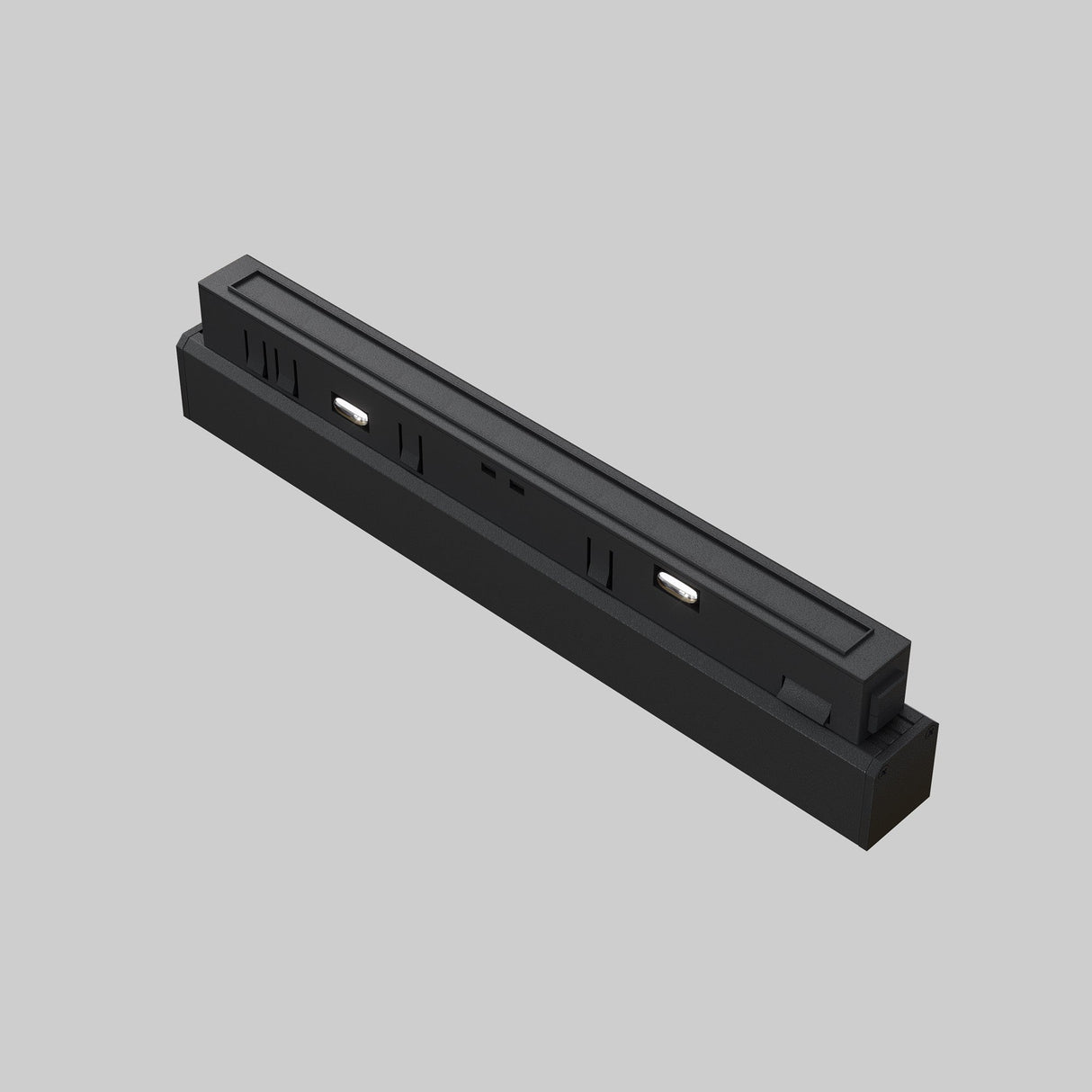 A black, rectangular Points LED Linear Track Light for Magnetic Exility 12W 3000K rests on a gray background. With multiple ports and a sleek minimalistic design, it reflects the modern aesthetic typical of LED Linear products.