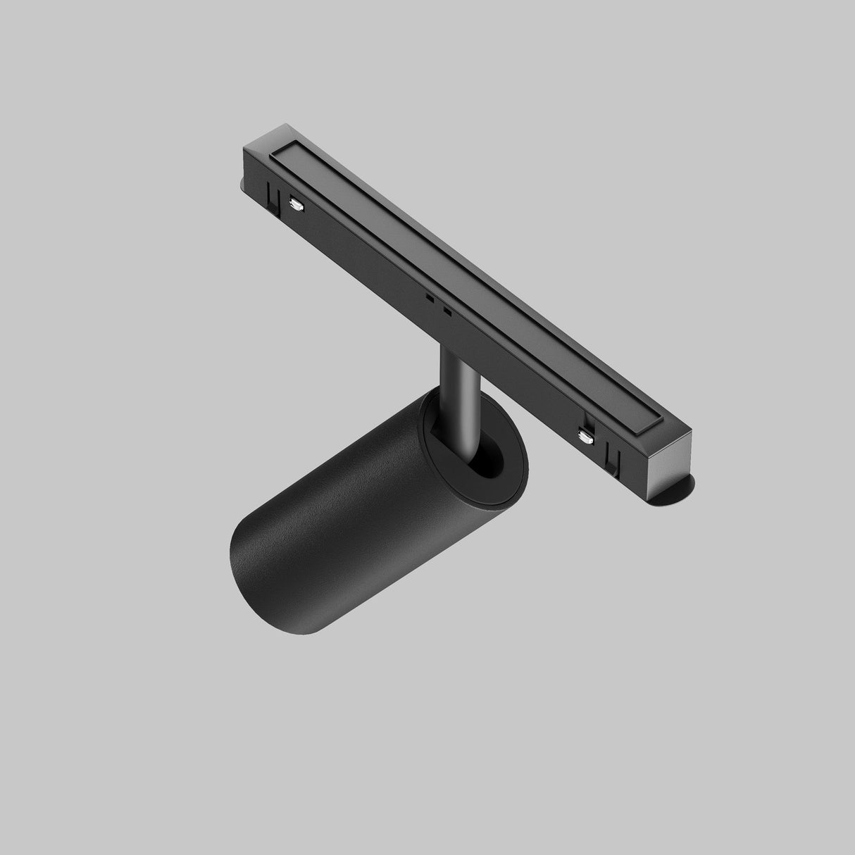 The Focus LED CCT Magnetic Exility Track Spotlight 5W 2700-6000K in black features an energy-efficient cylindrical head and linear base, ideal for smart home integration against a plain gray background.