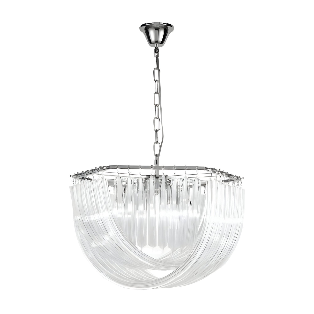 The Murano 6 Light Crystal Chandelier – Chrome features a modern Art Deco design with multiple curved clear glass rods arranged in layered patterns, suspended by a chain and finished with a sleek chrome fixture.