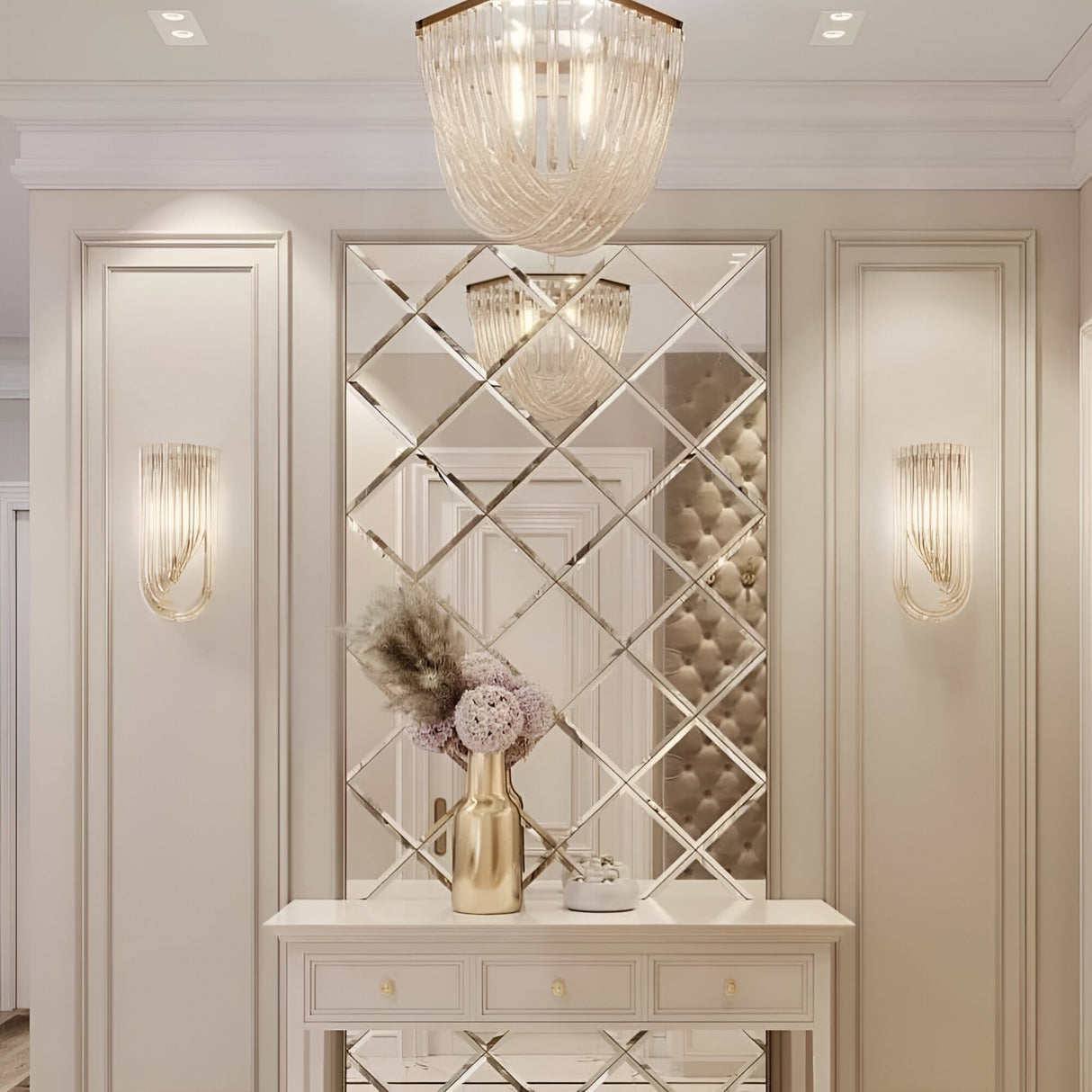 Elegant hallway with a geometric mirrored wall, two wall sconces, and the Murano 6 Light Crystal Chandelier - Gold. A console table displays a gold vase with pampas grass and flowers plus a small decorative item. The decor is light and modern.