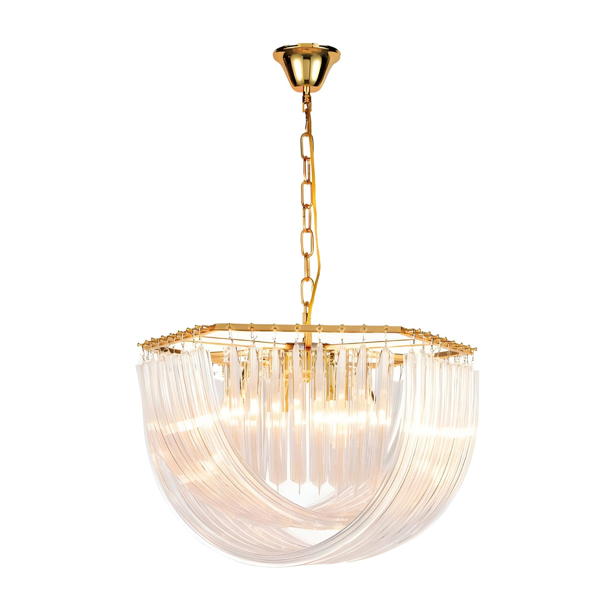 The Murano 6 Light Crystal Chandelier - Gold hangs from a chain and features layered, curved clear glass rods for a modern, elegant look that glows warmly.