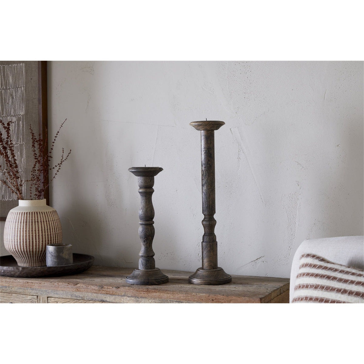 Nayati Small Mango Wood Pillar Candlestick - Dark Stain