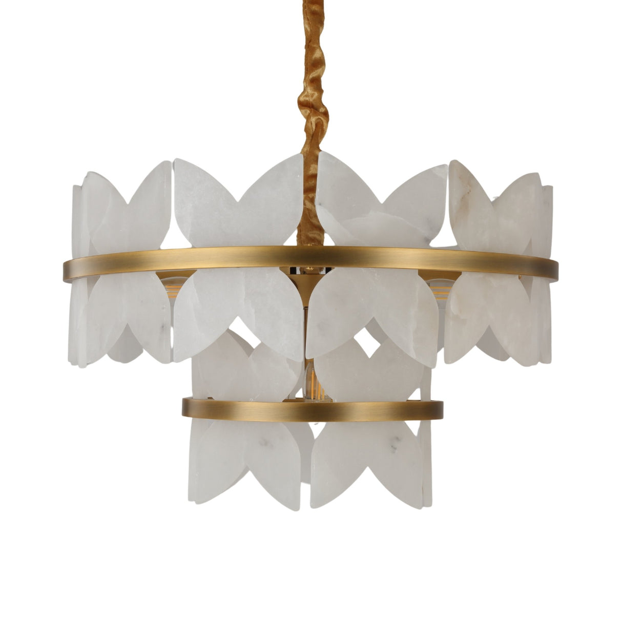 Niori Petraia two-tier chandelier with sculpted white alabaster petals on brushed brass rings, suspended from a gold fabric cable against a white background.