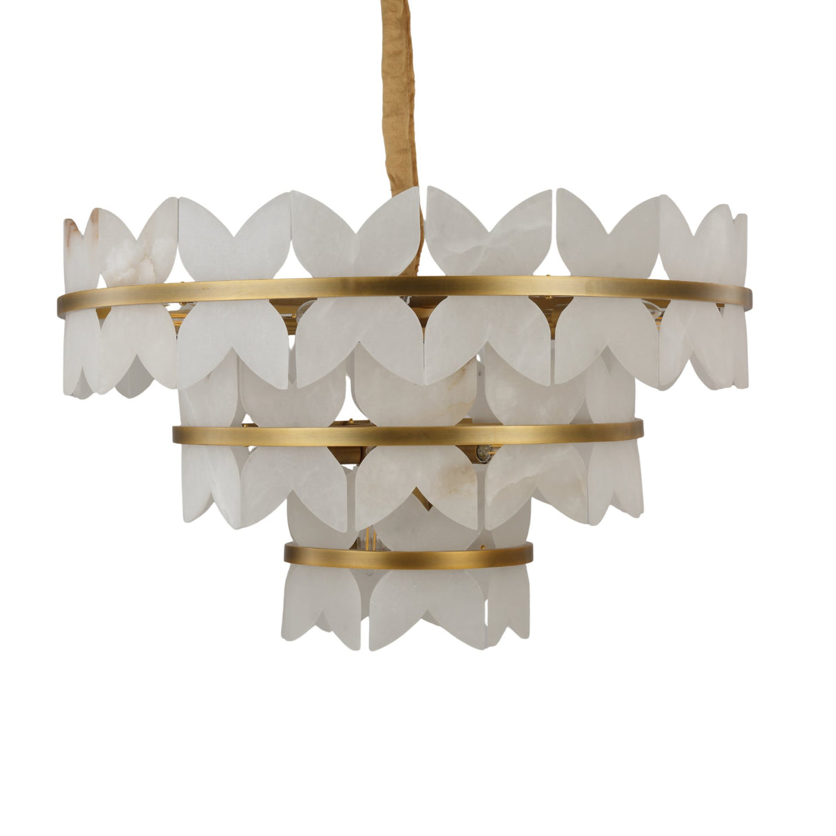 Niori Petraia three-tier chandelier with scalloped white alabaster petals arranged around brushed brass rings, suspended from a fabric-wrapped chain.