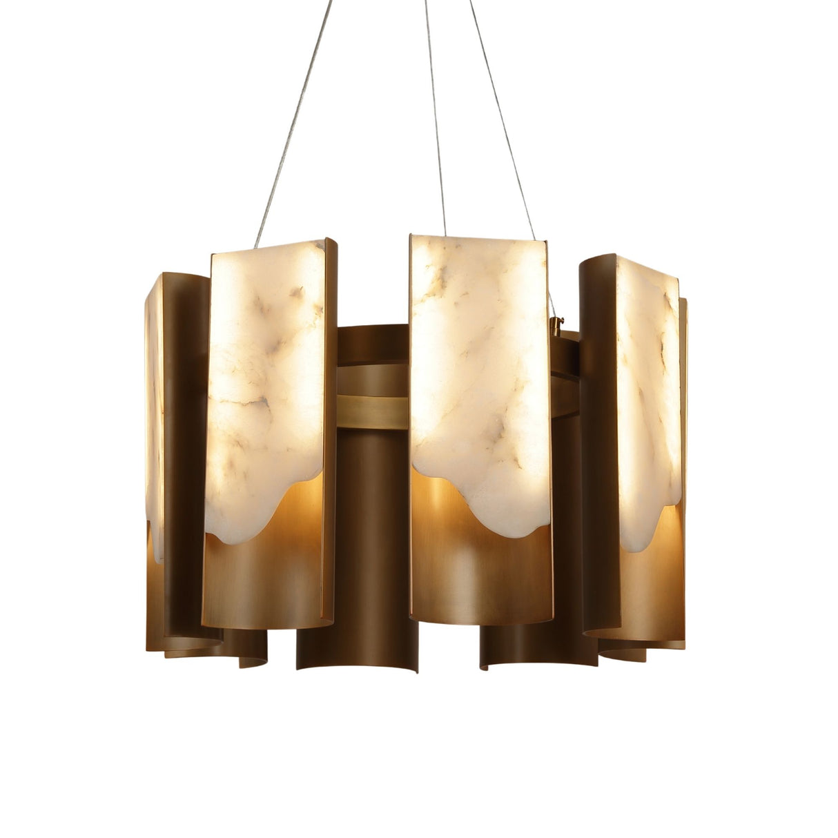 Niori Caelith LED chandelier with alternating alabaster panels and brushed brass fluted columns around a circular frame, suspended on cables against white.