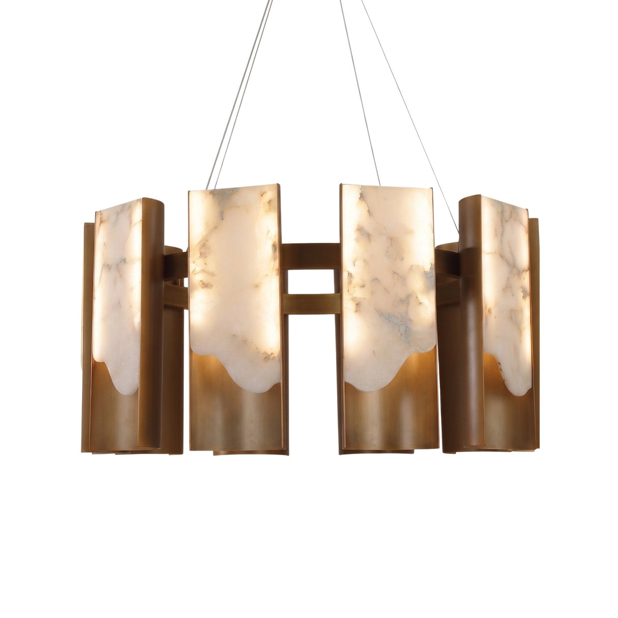 Niori Caelith LED large round chandelier with stepped Spanish alabaster panels and brushed brass blades, suspended on steel cables against white.