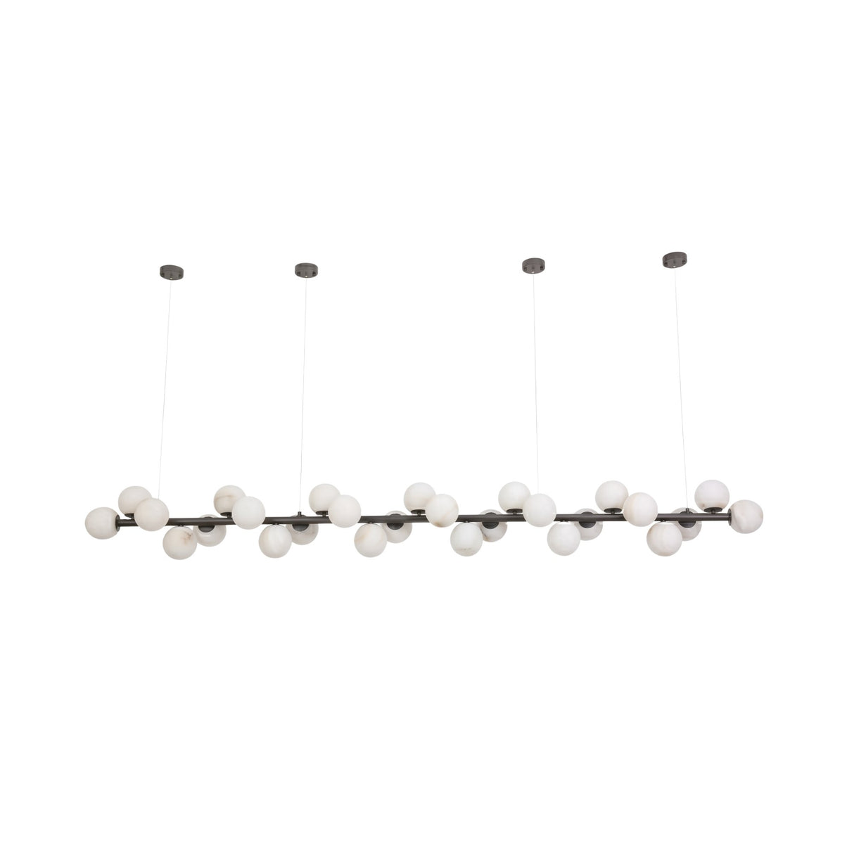 Niori Axis 27 Light linear chandelier with staggered alabaster spheres along a matte black bar, suspended from four cable drops on a white background.