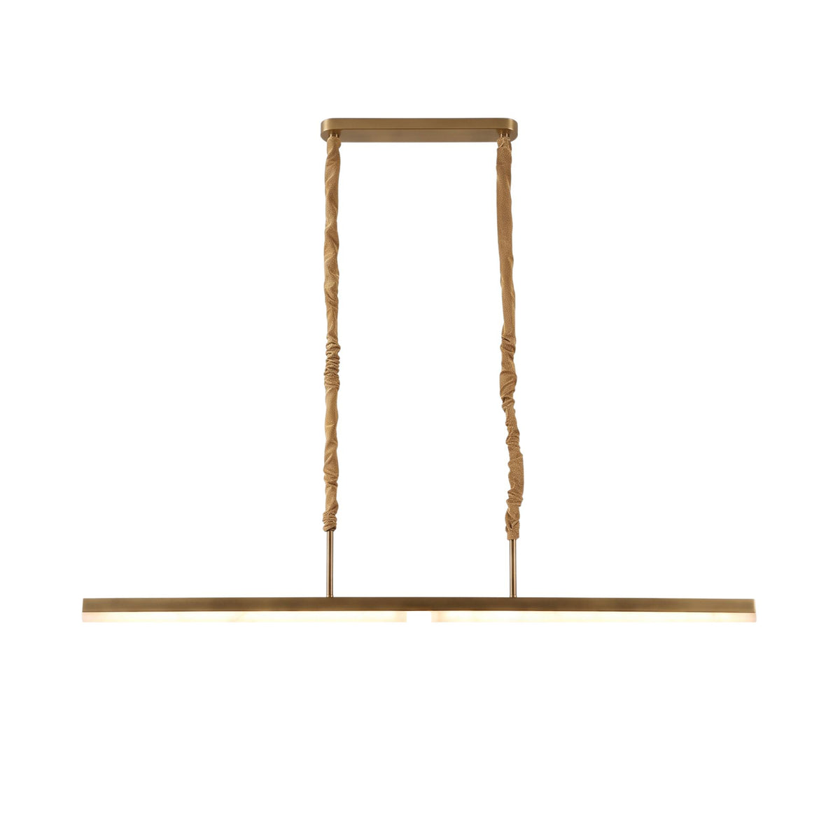 Elvaris LED Linear Alabaster Chandelier in brushed brass, featuring a slim horizontal bar suspended by two fabric-wrapped rods from a rectangular ceiling plate, shown on a plain white background.