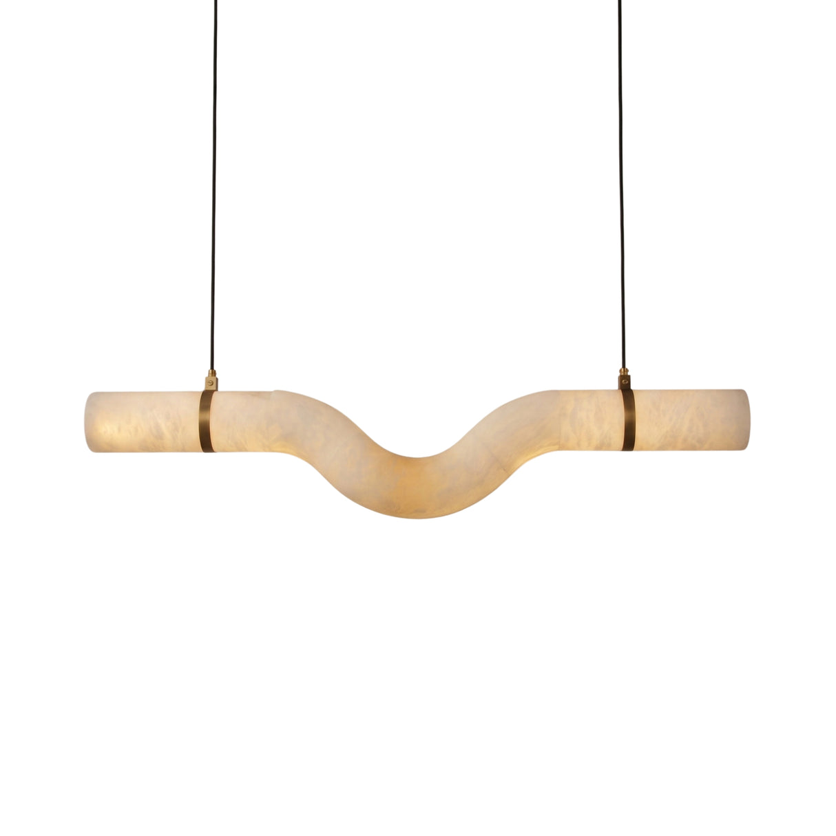 Zareon LED Curved Alabaster Chandelier featuring a continuous S-shaped stone tube with brushed brass collars and canopies, suspended on black cables against a plain white background.