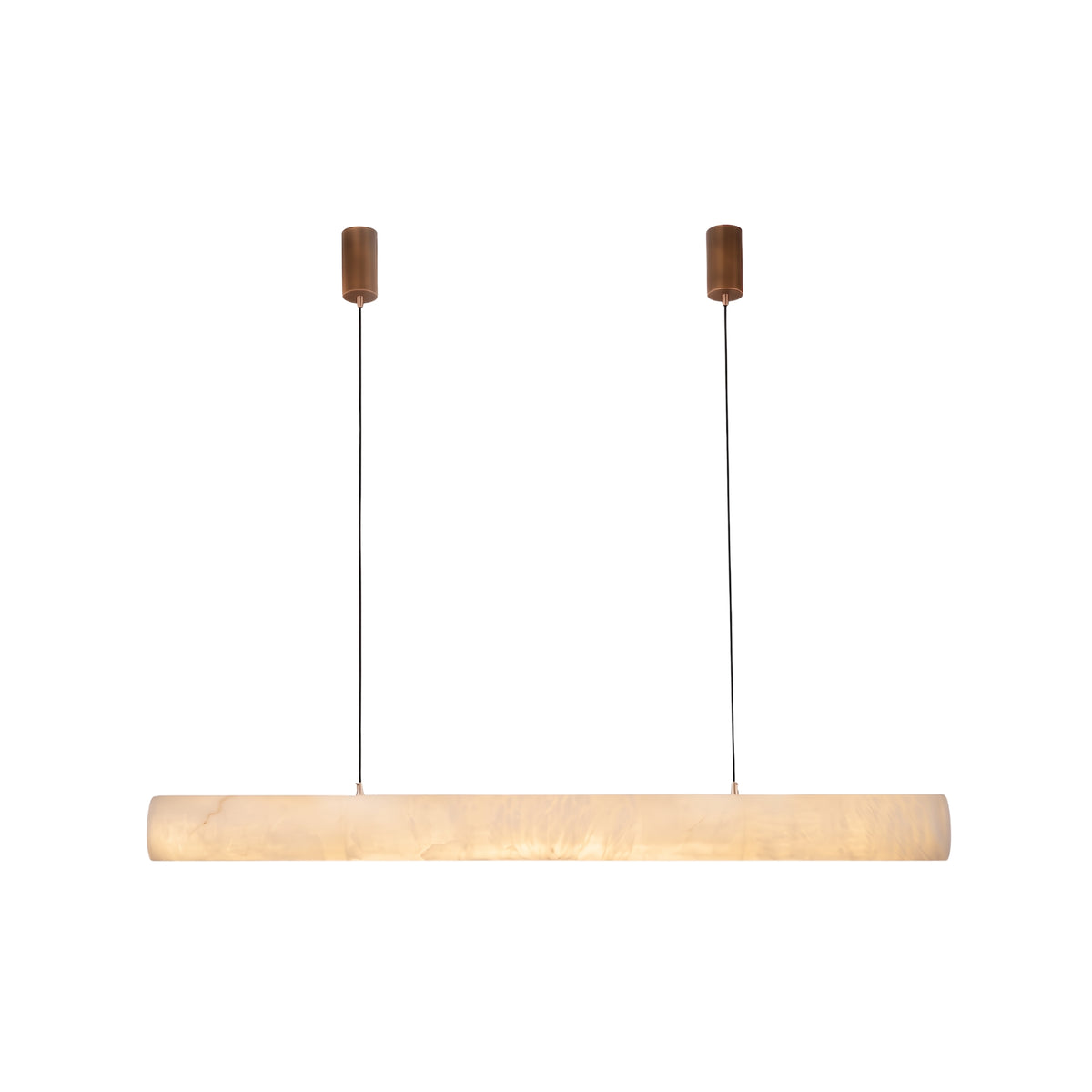 Zareon LED Small Linear Alabaster Chandelier in soft white, a horizontal cylinder pendant on two slim cables with brass-toned ceiling fixings, shown on a plain white background.