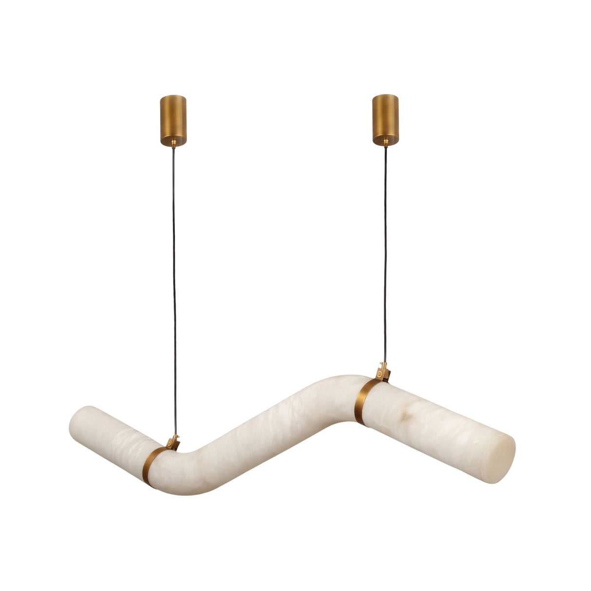 Zareon Small Stepped Alabaster Chandelier with a jointed horizontal alabaster tube, brushed brass collars and cylindrical ceiling canopies on black cable drops, shown on a plain white background.