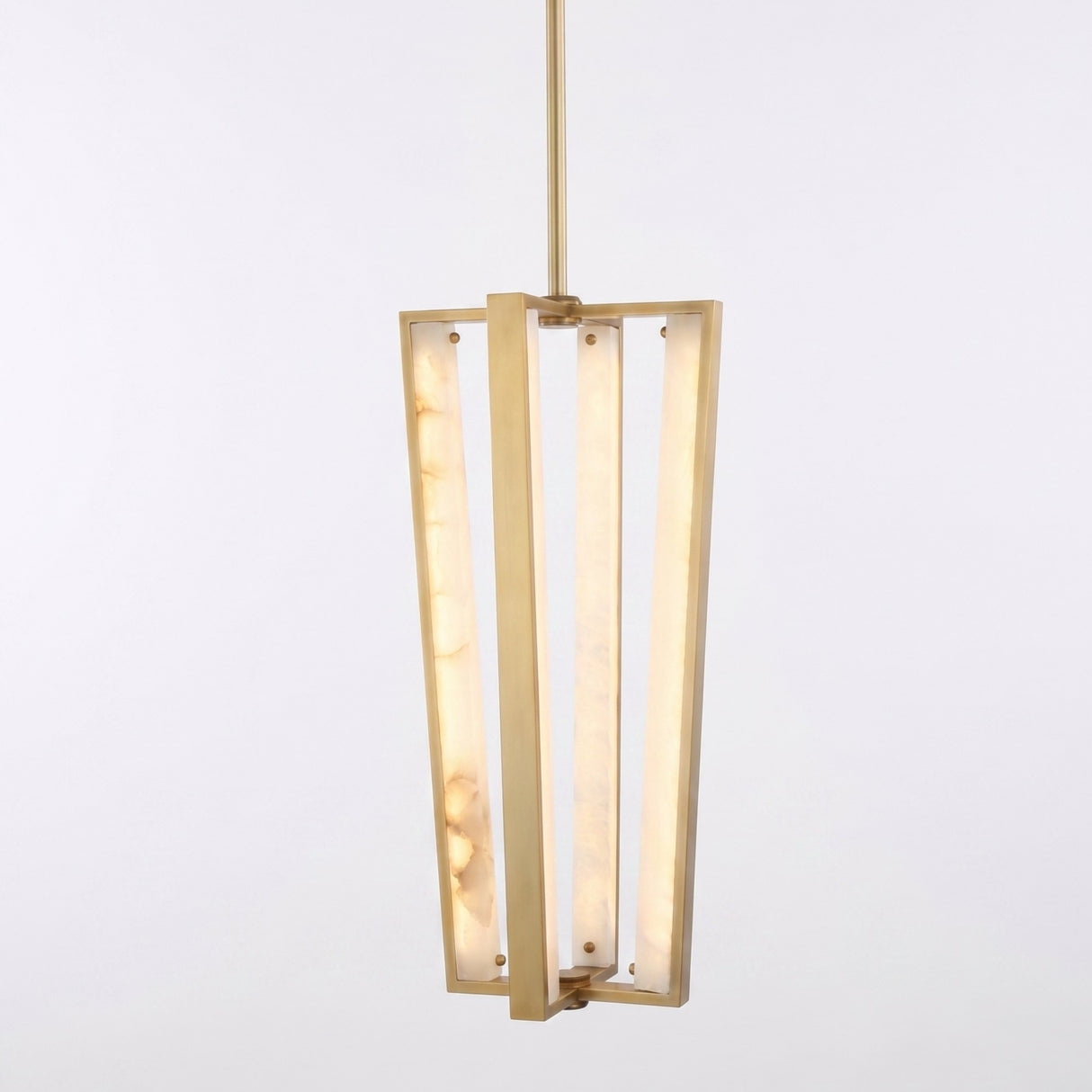 Niori Elvaris LED alabaster pendant light with tapered brushed brass cage frame and four glowing alabaster bars, shown on a plain white background.