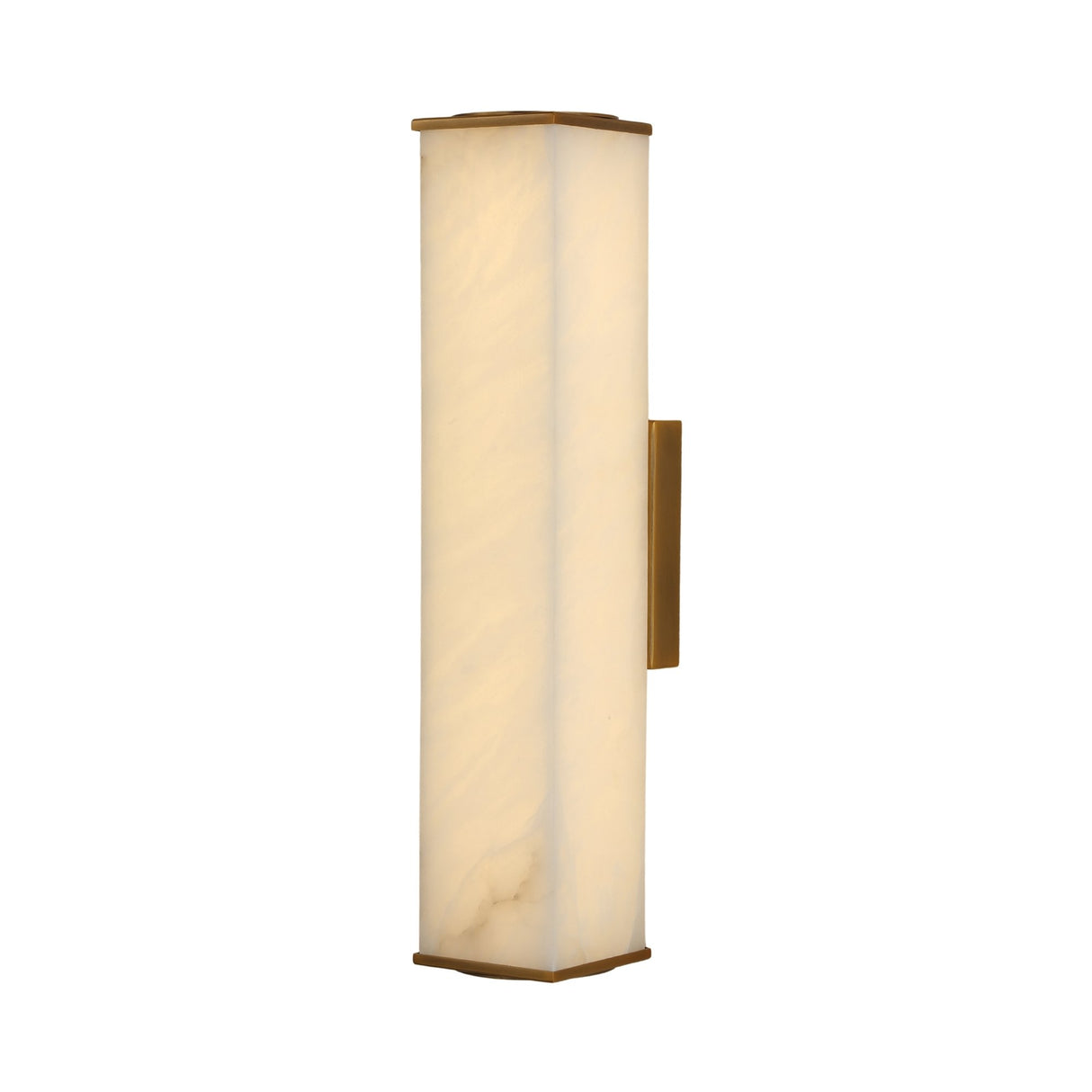 Valmere LED Large Linear Alabaster Wall Light in soft white stone with brass end caps and side mounting bracket, shown on a plain white background.