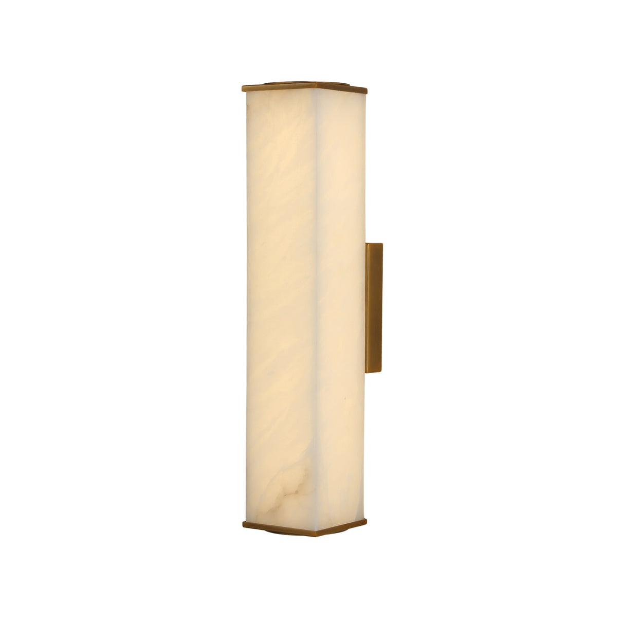 Valmere LED Linear Alabaster Wall Light with a rectangular natural alabaster panel in soft white, brass end caps and side mounting bracket, shown on a plain white background.
