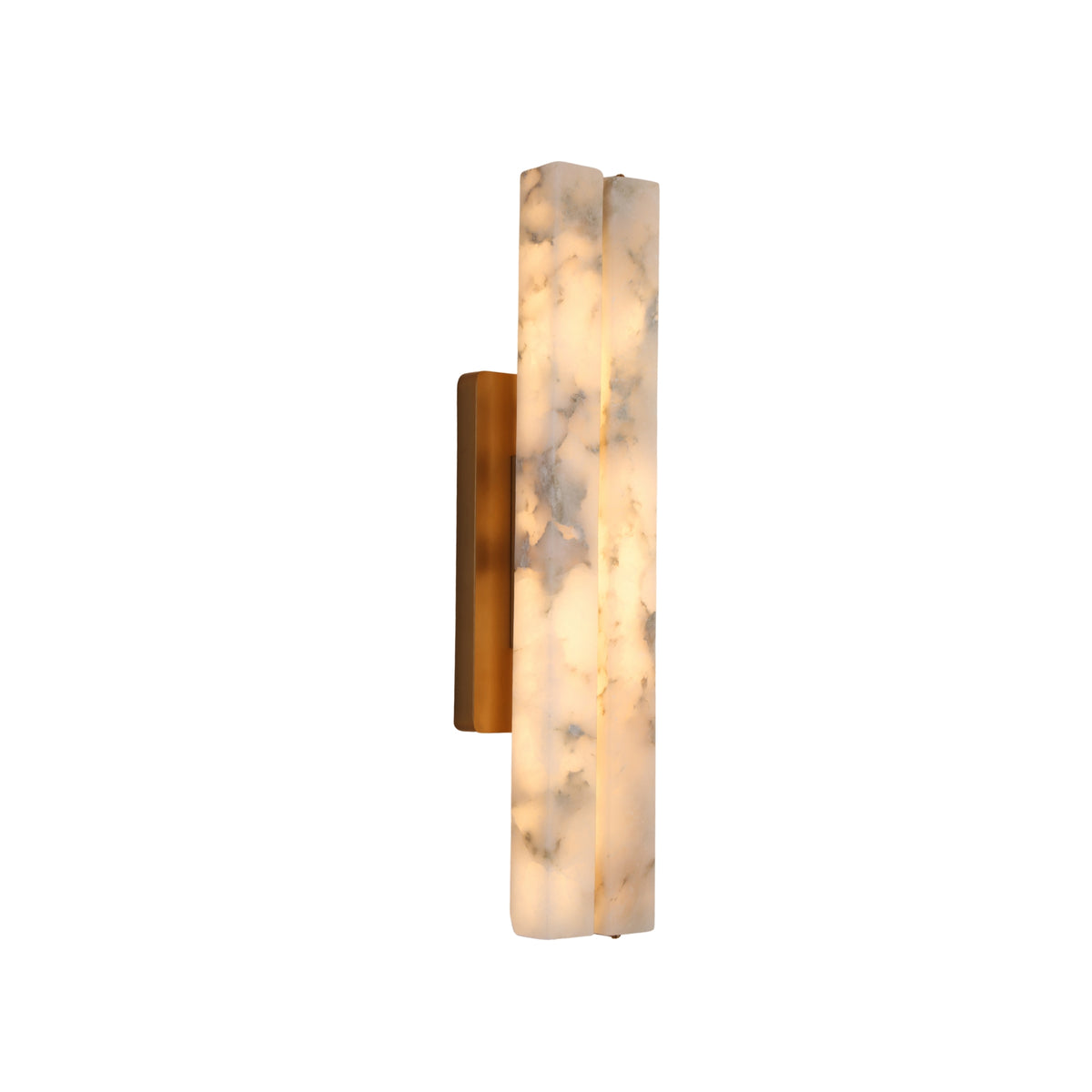 Selvara LED Medium Alabaster Double Wall Light with two vertical alabaster bars glowing warm white on a brushed brass backplate, shown against a plain white background.