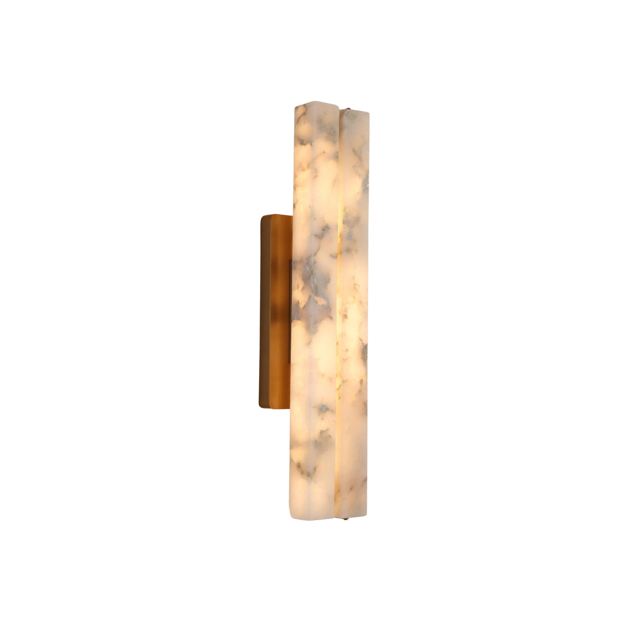 Selvara Small double wall light with two offset alabaster panels in a brushed brass frame, illuminated warm-white LED, shown on a plain white background.