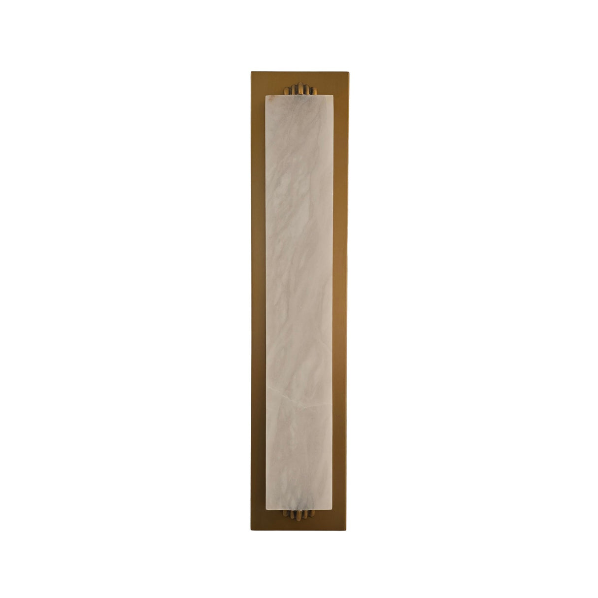 Niori Valora LED vertical wall light with a tall natural alabaster panel set in a brushed brass rectangular backplate, on a plain white background.