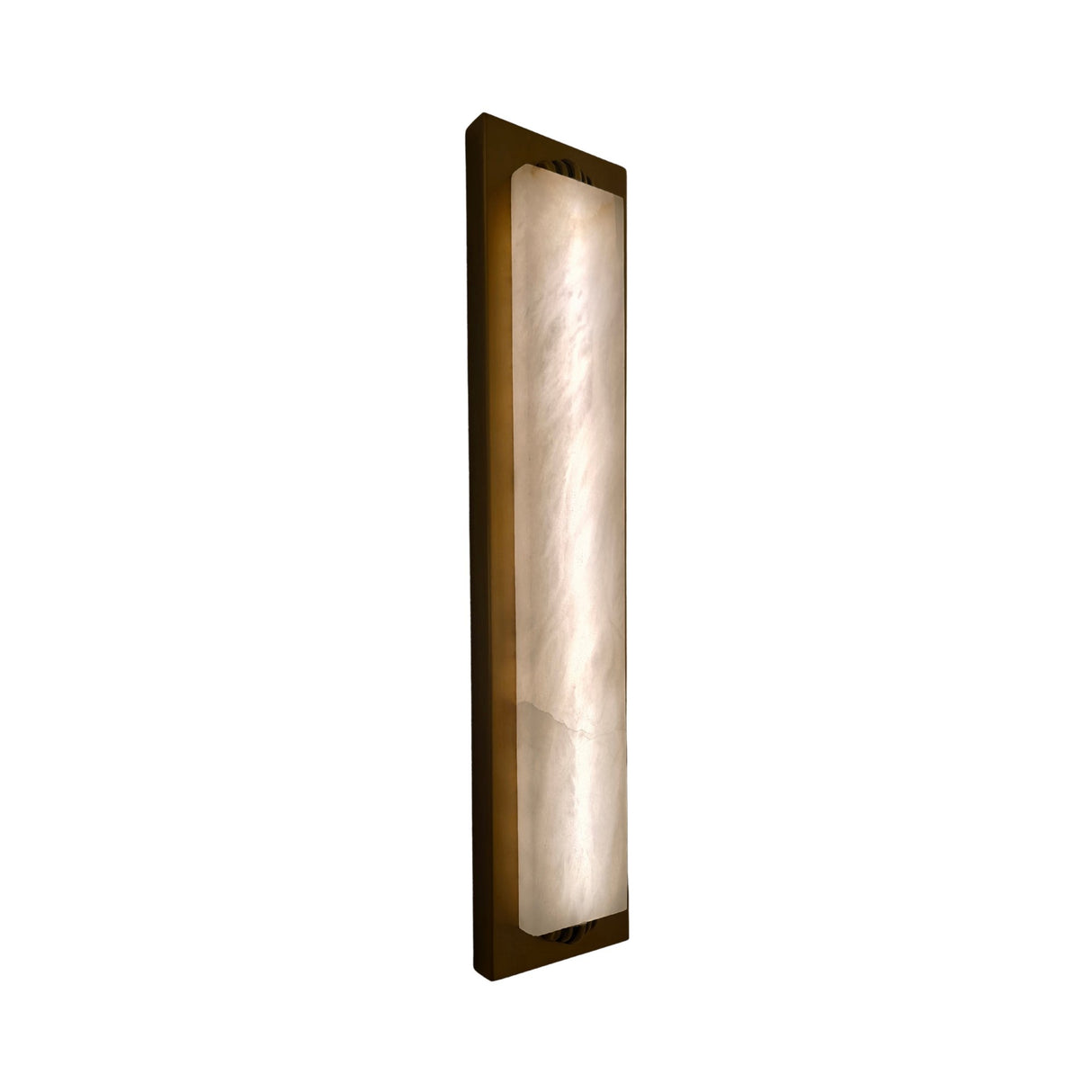 Niori Valora vertical wall light with a tall natural alabaster panel set in a brushed brass rectangular frame, shown at an angle against white.