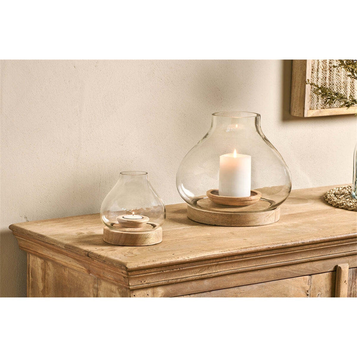 Naryla Large Mango Wood & Glass Lantern - Natural