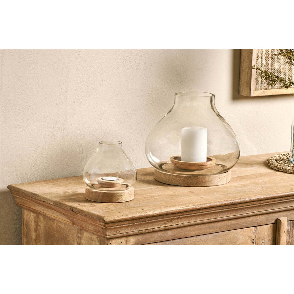 Naryla Large Mango Wood & Glass Lantern - Natural