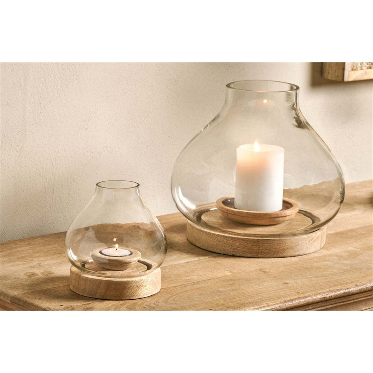 Naryla Large Mango Wood & Glass Lantern - Natural