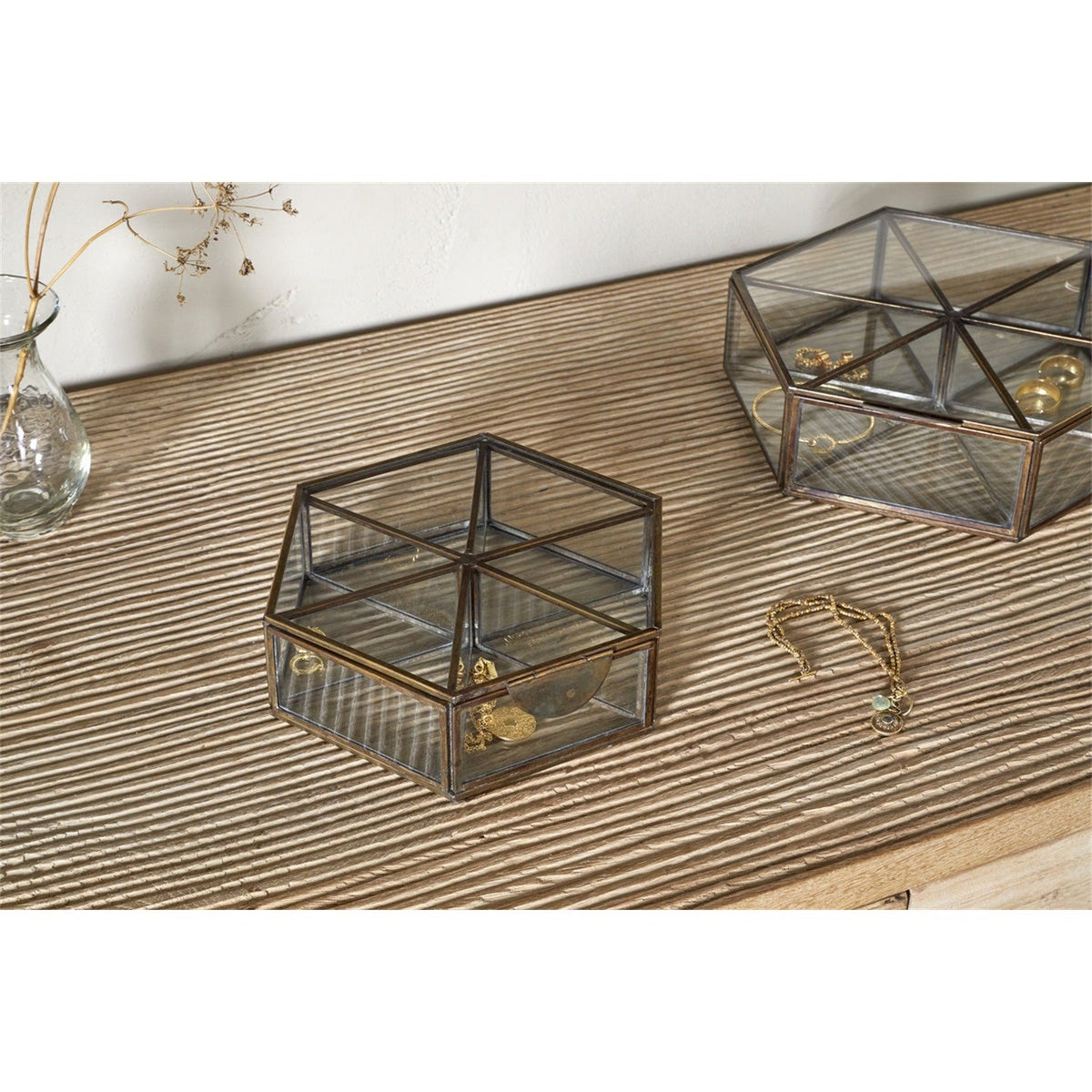 Sitara Large Glass Jewellery Box - Antique Brass