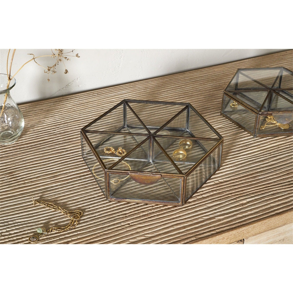 Sitara Large Glass Jewellery Box - Antique Brass