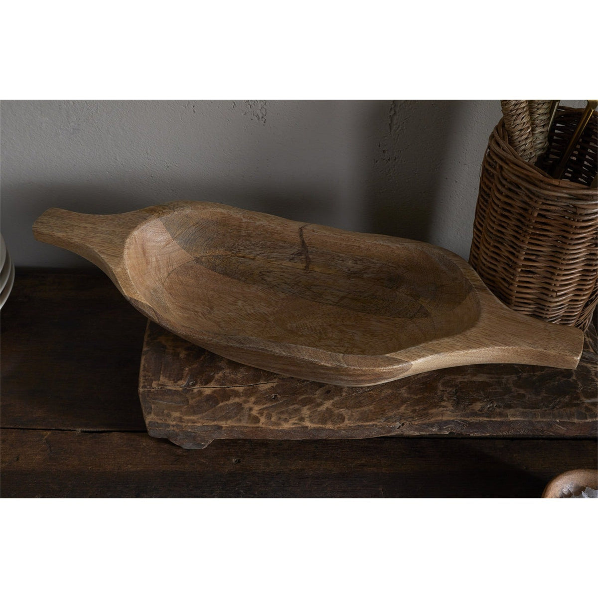 Naashta Large Handled Mango Wood Serving Bowl - Natural