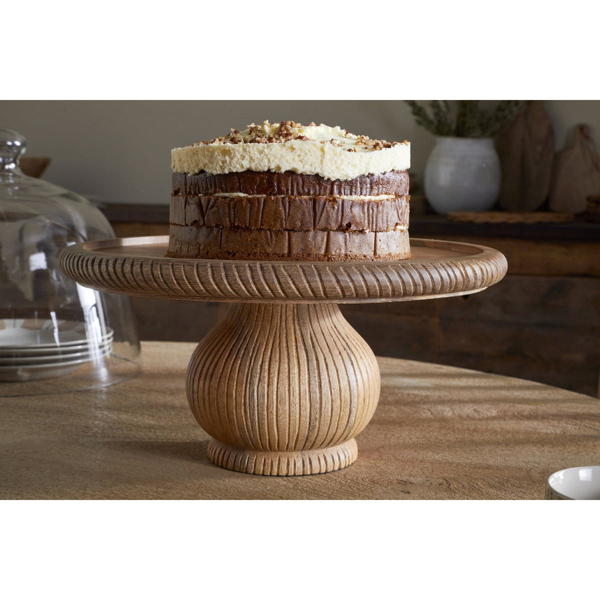 Vivan Mango Wood Cake Stand & Glass Dome - Natural
