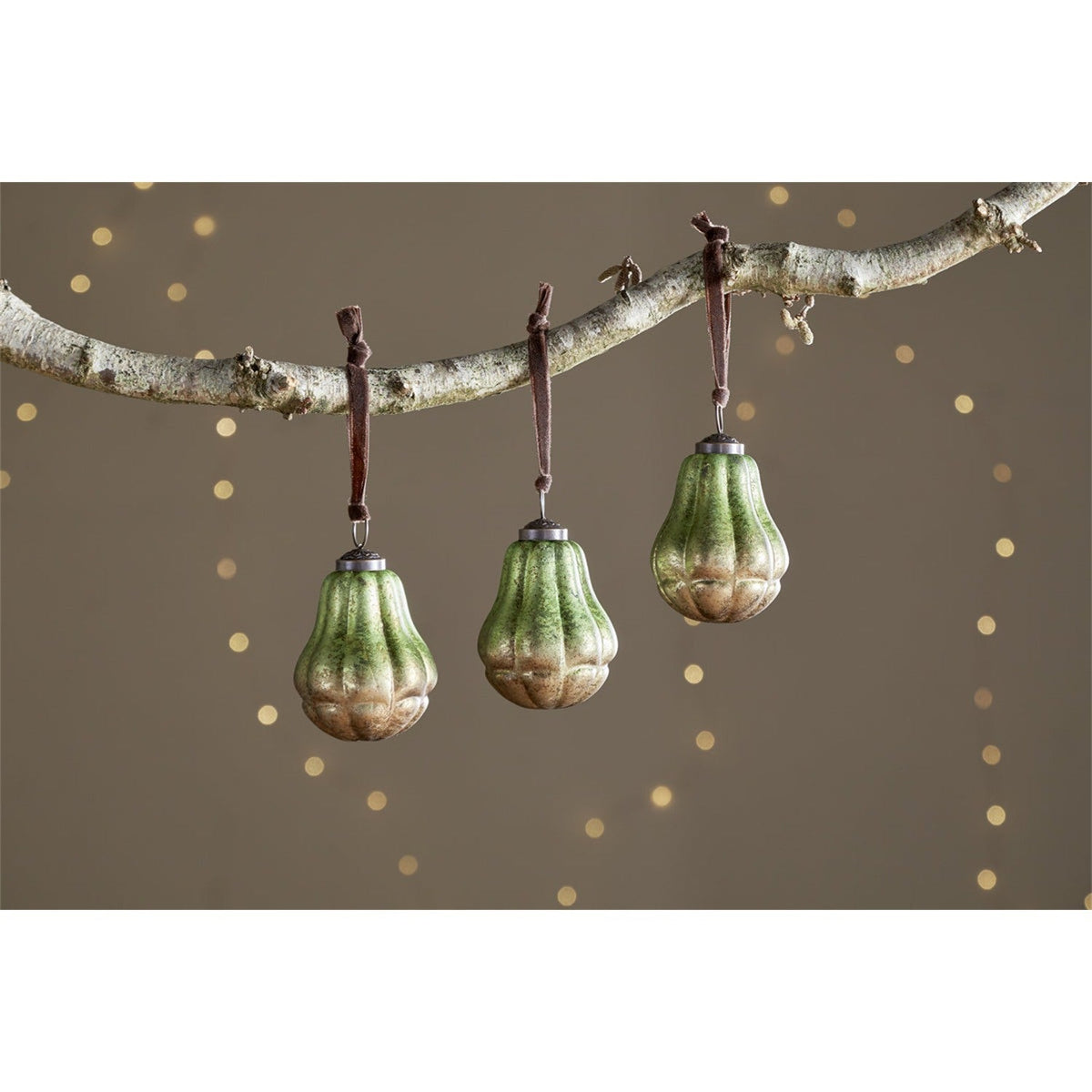 Jasaan Pear Glass Baubles - Green Smoke - Set of 3