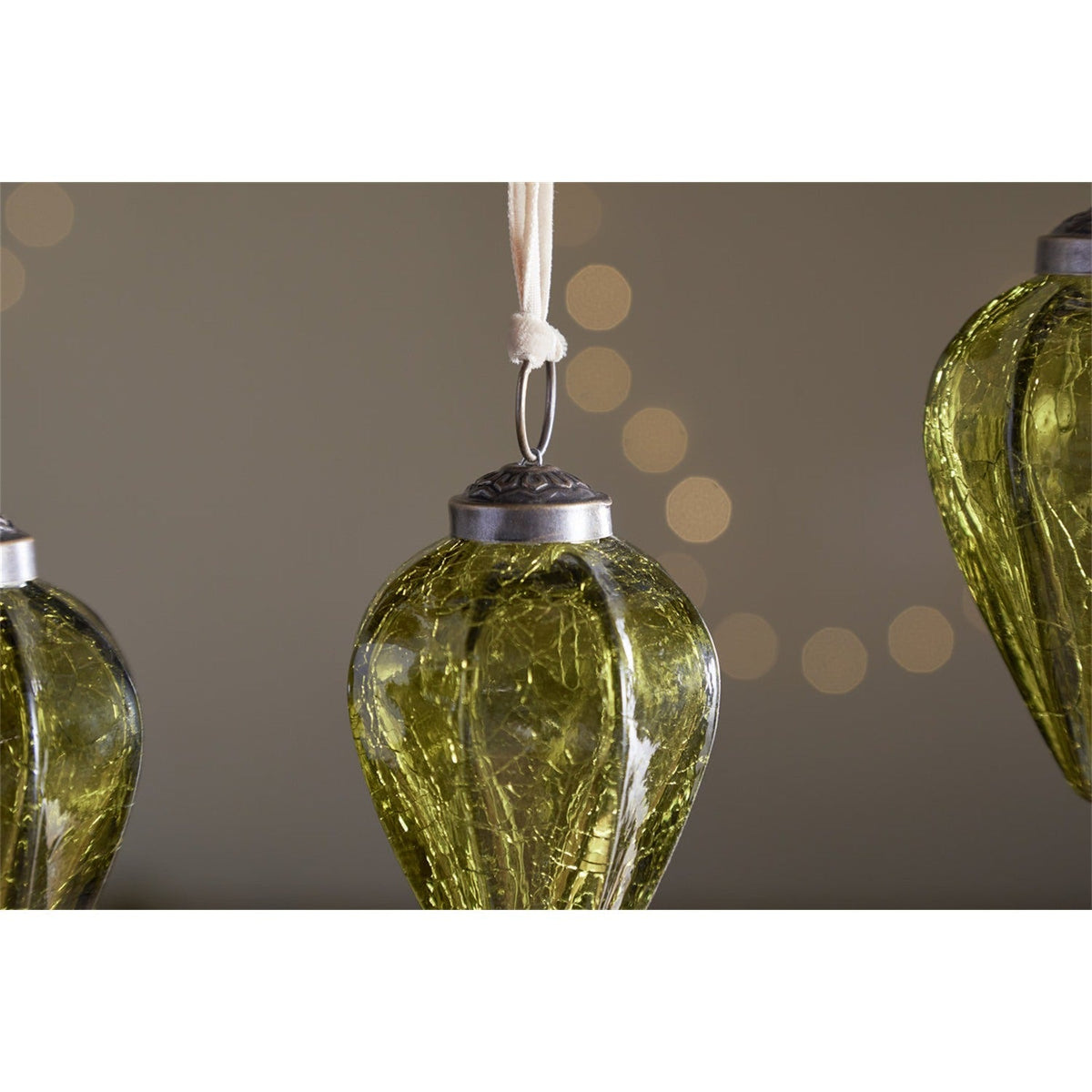 Khela Teardrop Recycled Glass Baubles - Moss - Set of 4