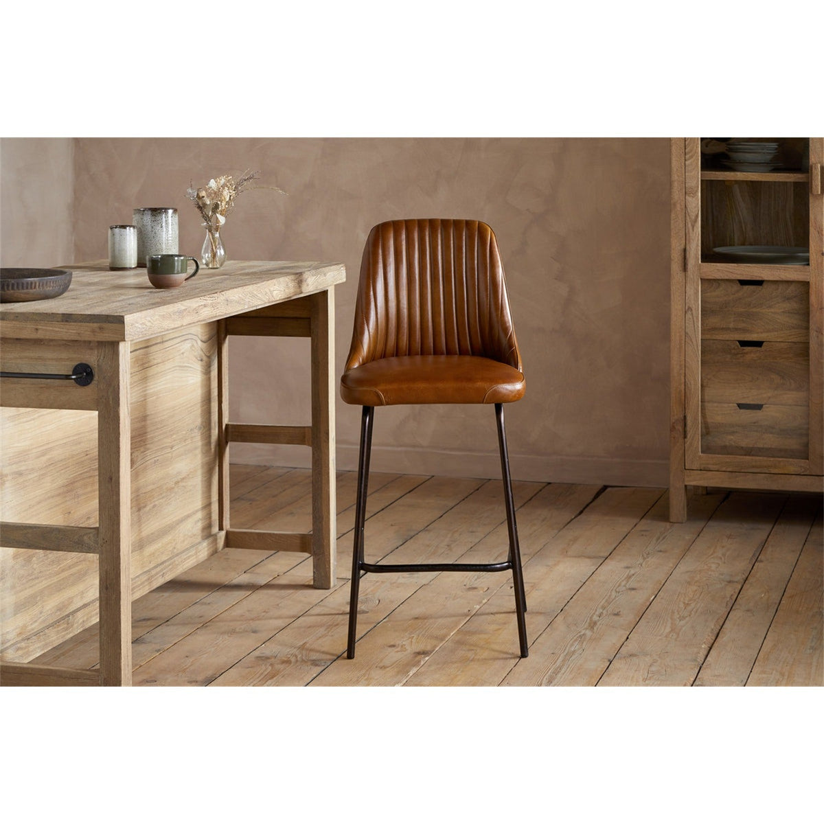 Harsha Ribbed Leather Counter Stool - Aged Tan
