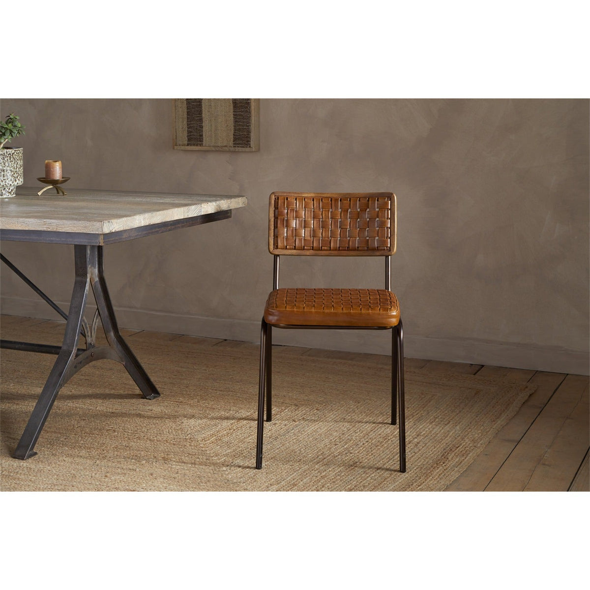 Amala Woven Leather & Iron Dining Chair - Aged Tan