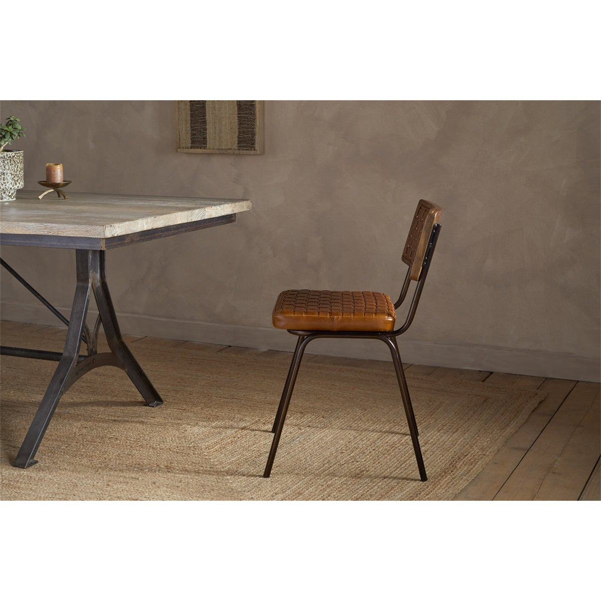 Amala Woven Leather & Iron Dining Chair - Aged Tan
