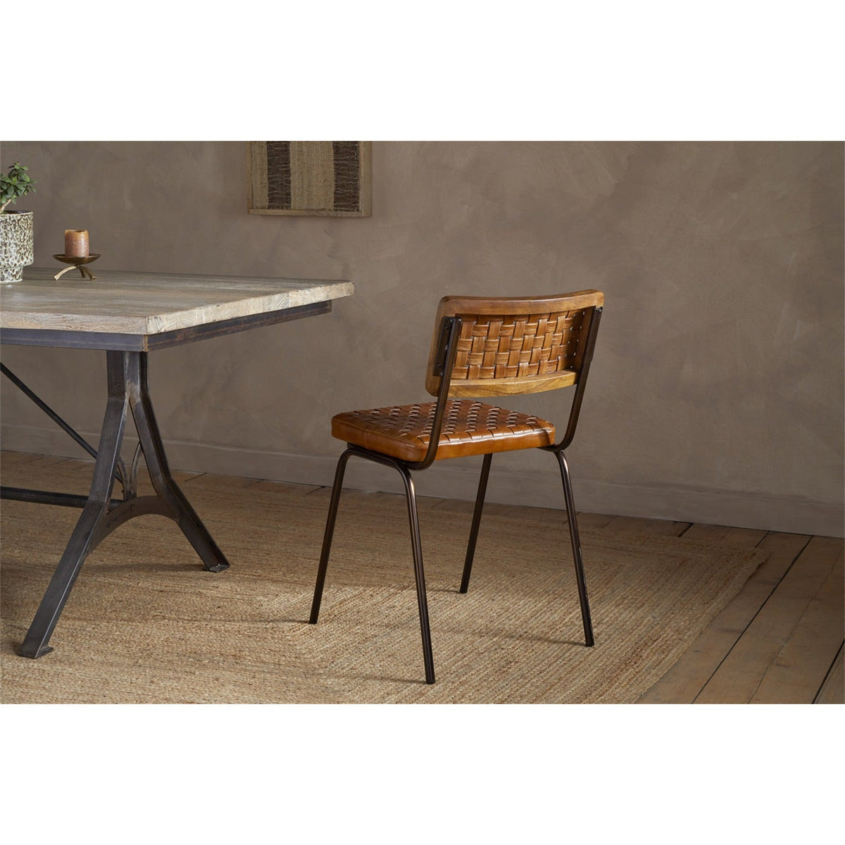 Amala Woven Leather & Iron Dining Chair - Aged Tan