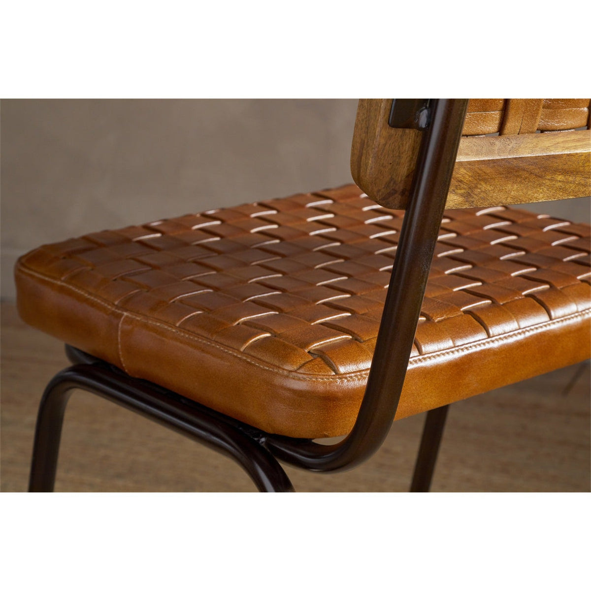 Amala Woven Leather & Iron Dining Chair - Aged Tan