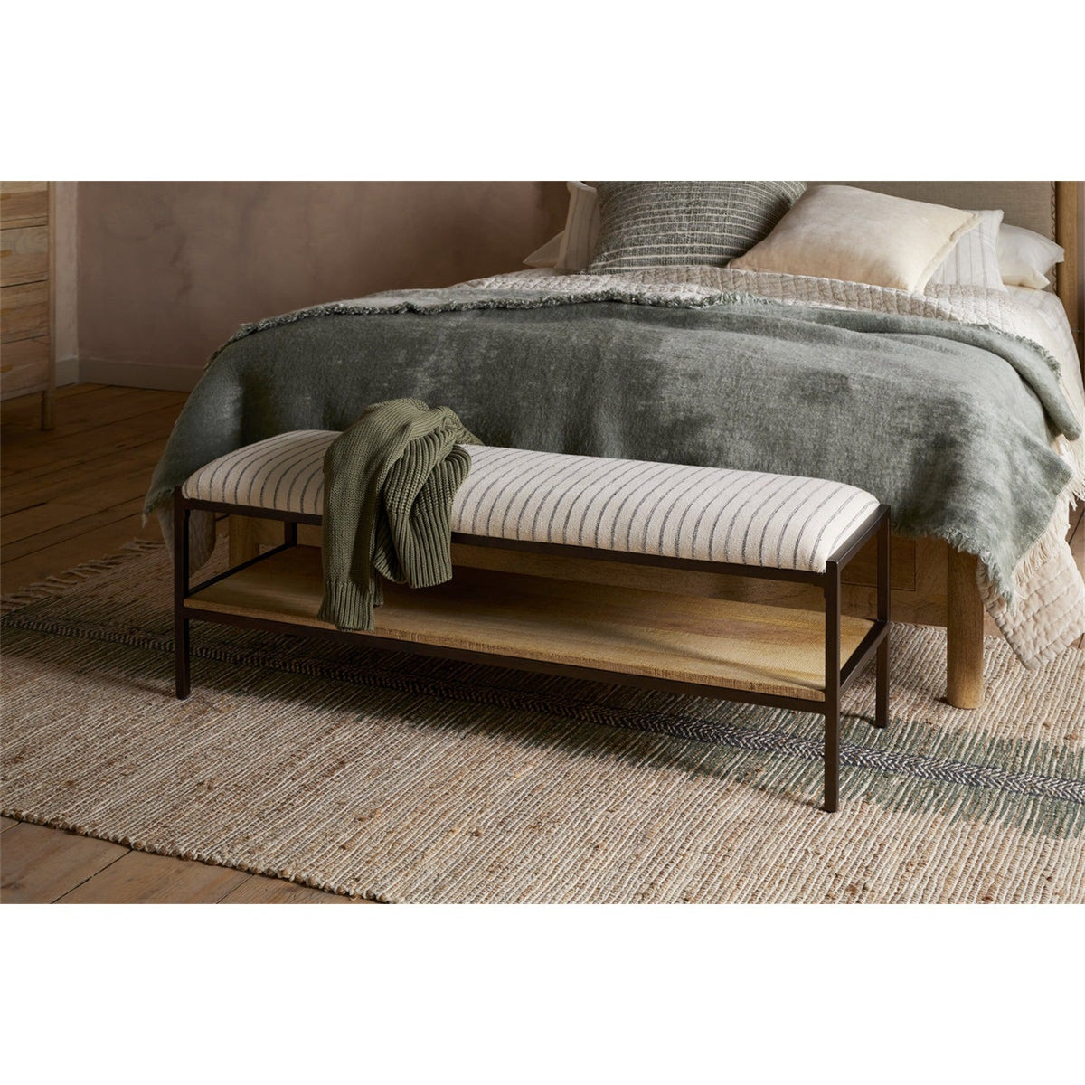 Sanja Cotton Upholstered Bench - Charcoal & Natural