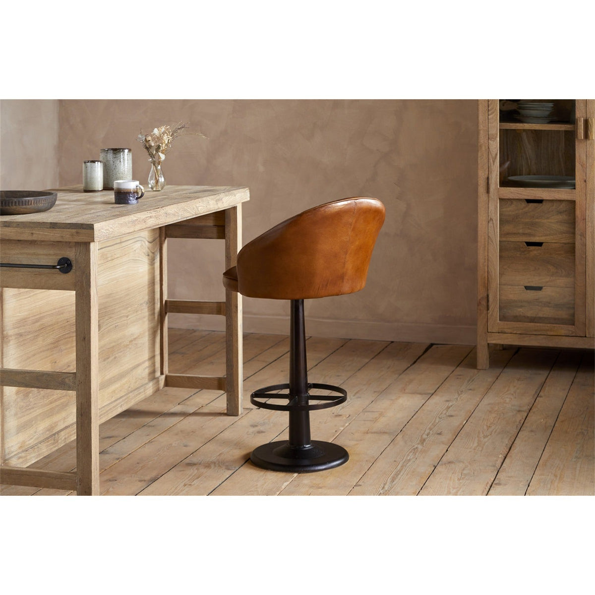 Lal Leather Swivel Counter Stool - Aged Tan