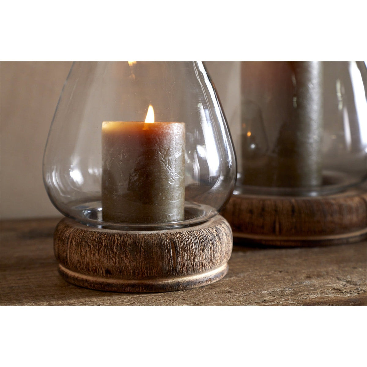 Ika Small Mango Wood Hurricane Lantern - Natural & Clear