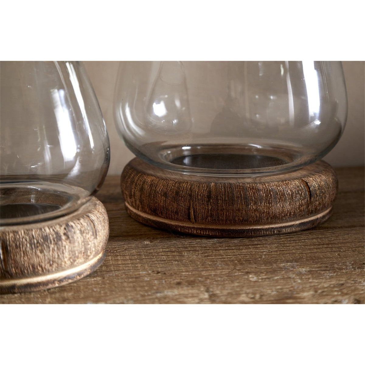 Ika Small Mango Wood Hurricane Lantern - Natural & Clear