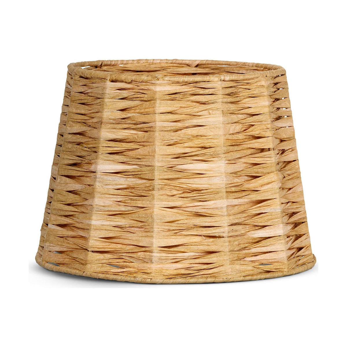 Jiji Small Woven Raffia Lampshade in natural tone, tapered oval drum shape with crosshatch weave and visible vertical ribs, shown on a plain white background.