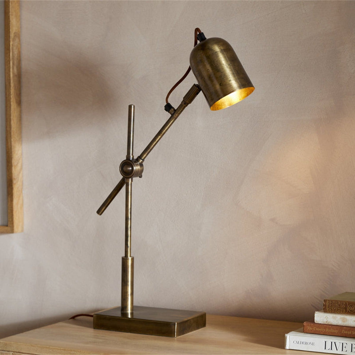Thenkara Directional Desk Lamp - Antique Brass in a study
