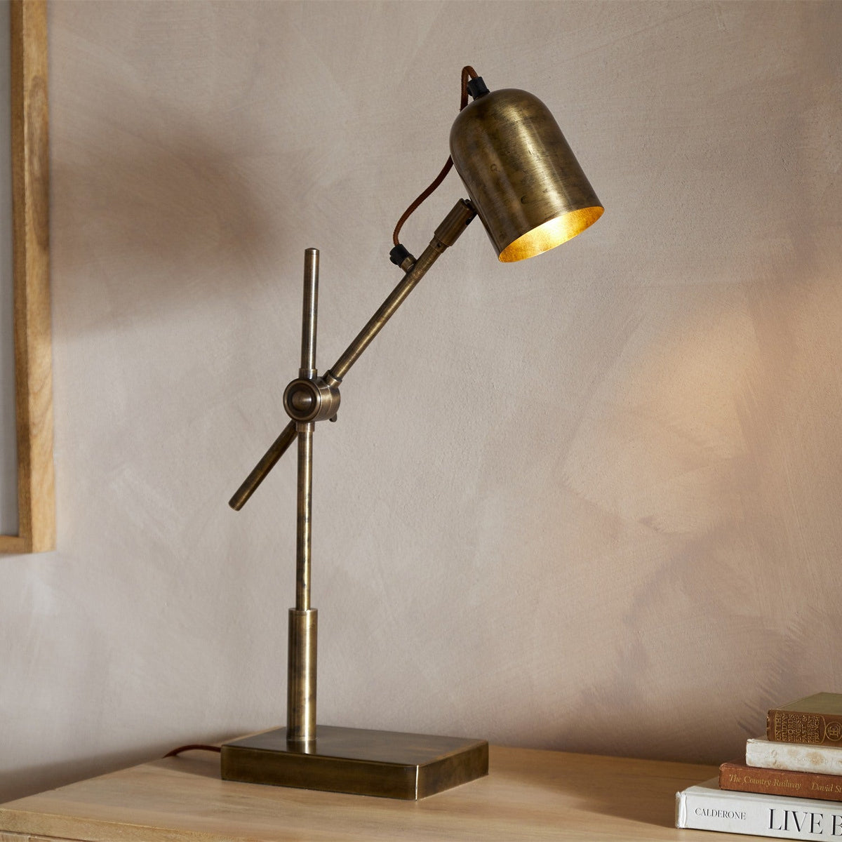 Thenkara Directional Desk Lamp - Antique Brass in a study, view 7