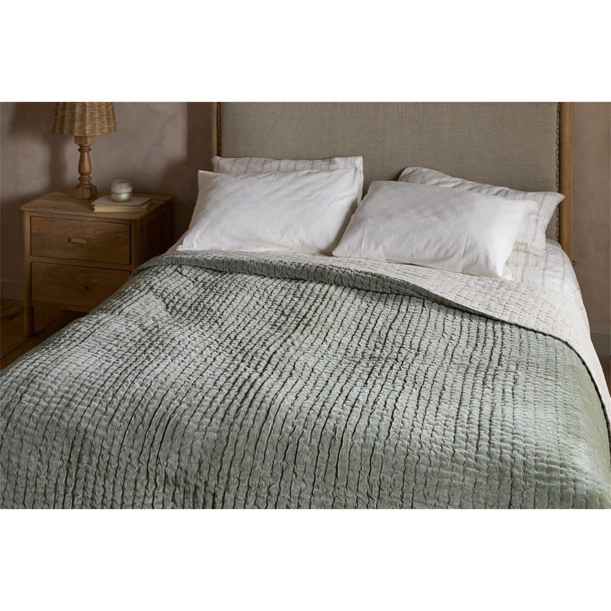 Nidra 220 x 240cm Velvet Quilted Bedspread - Sage Green