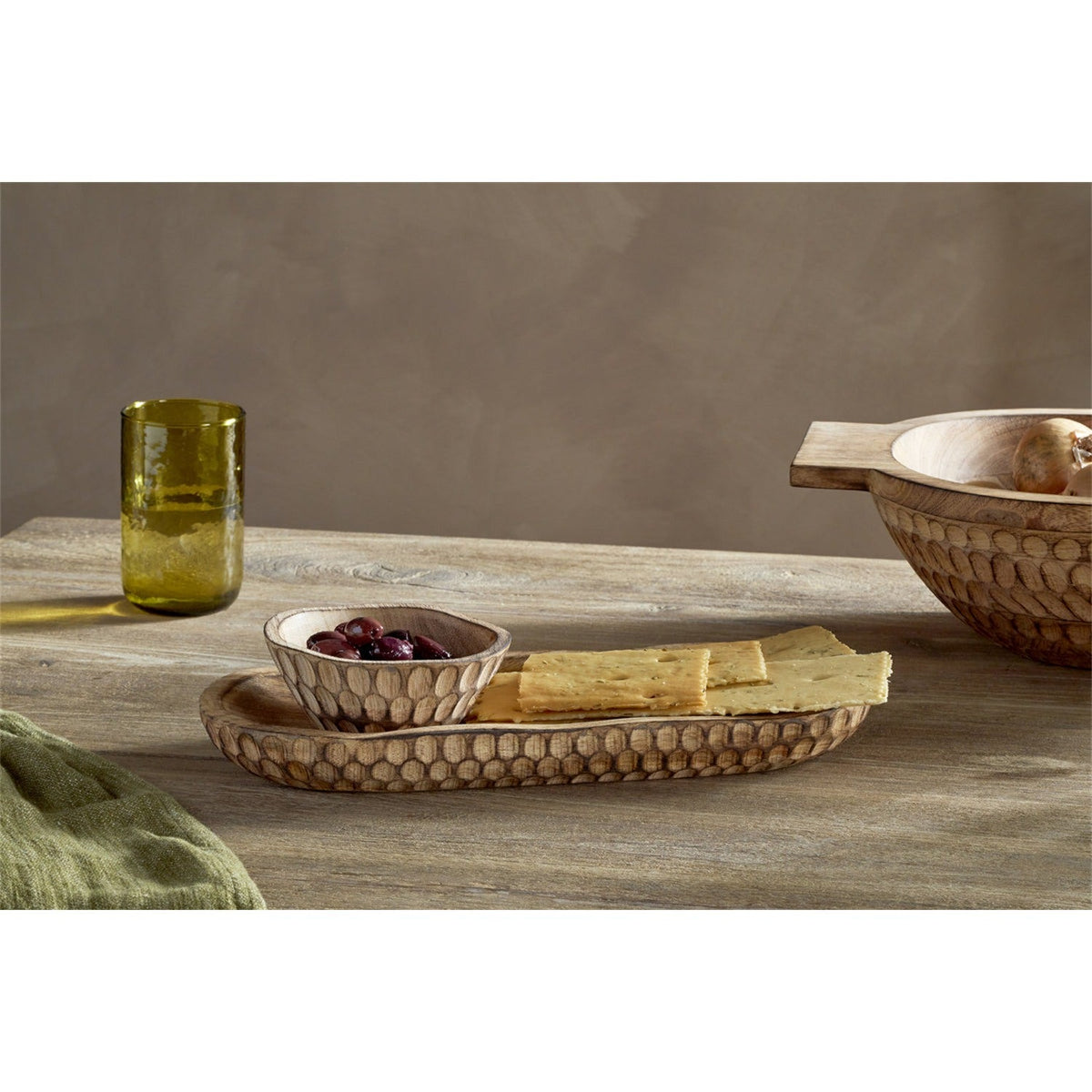Pyaar Carved Mango Wood Serving Tray and Bowl - Natural
