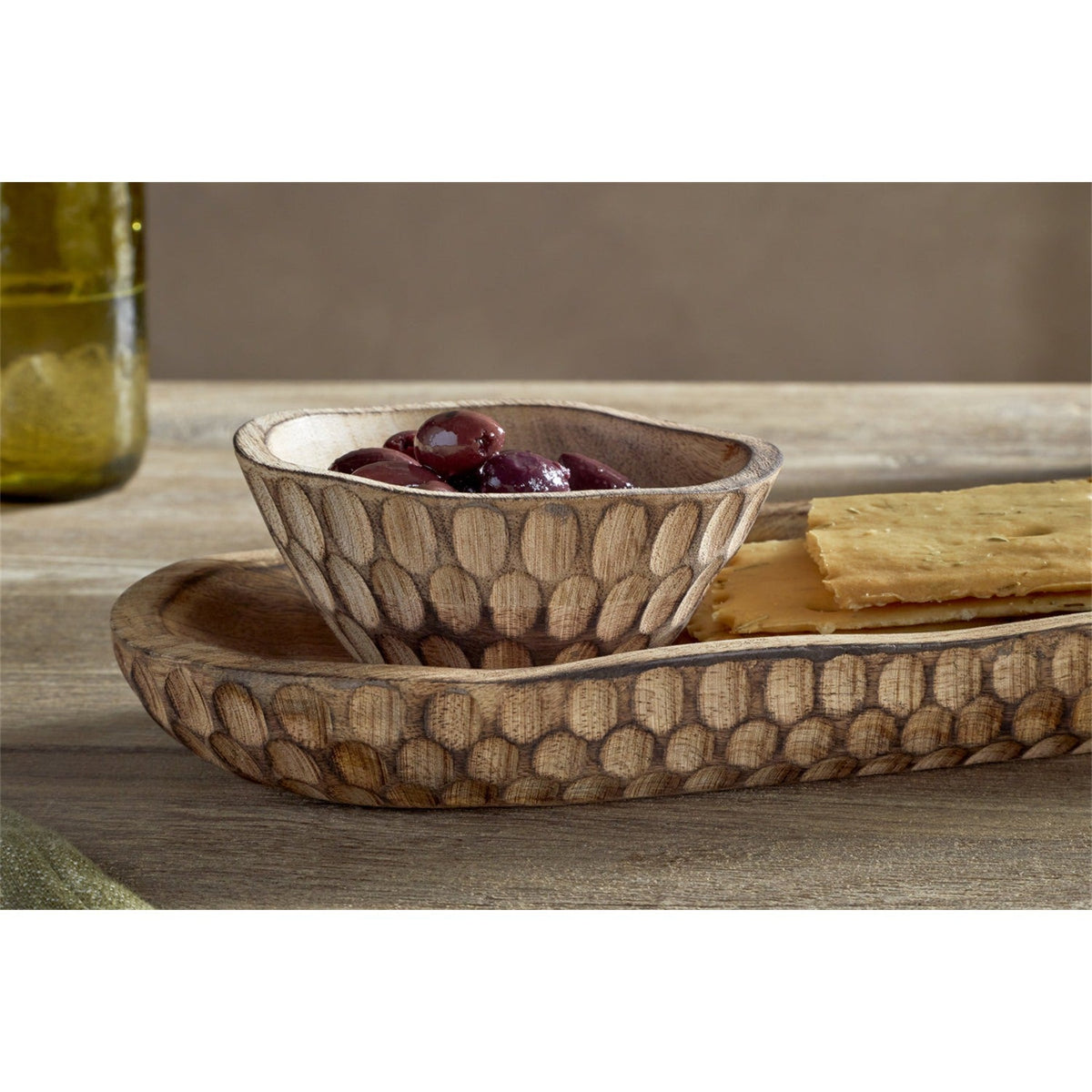 Pyaar Carved Mango Wood Serving Tray and Bowl - Natural