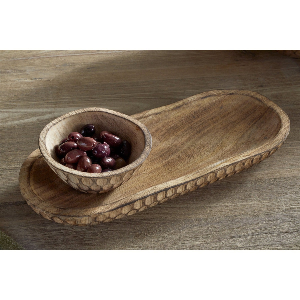 Pyaar Carved Mango Wood Serving Tray and Bowl - Natural