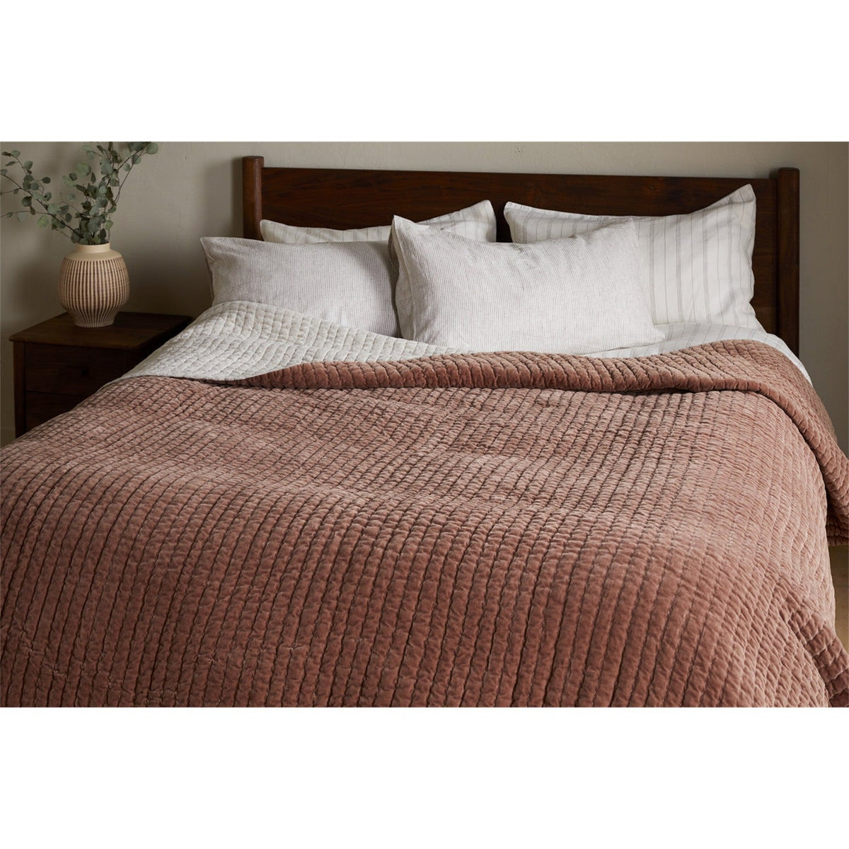 Nidra 220 x 240cm Velvet & Linen Quilted Bedspread - Rust
