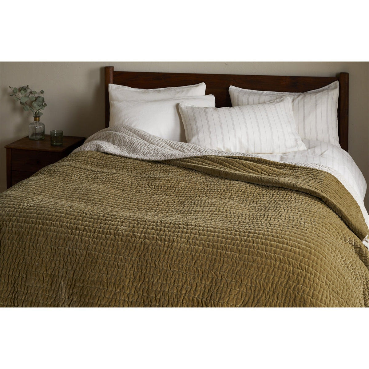 Nidra 220 x 240cm Velvet Quilted Bedspread - Moss