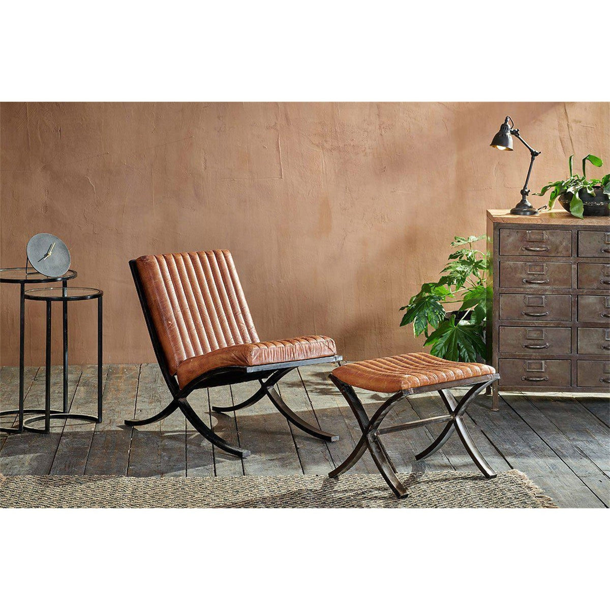 Narwana Ribbed Leather Footstool - Aged Tan